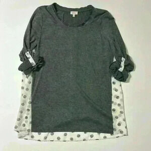 Stitch Fix Pixley | Mixed Material Gray Top with Semi-Sheer Polka Dot Back